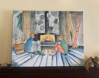 Original watercolor painting on canvas. 11x14” wall art. Hygge. Skiing. Winter cabin. Cabin decor. Outdoors. True North Adventure.