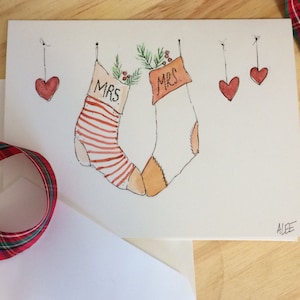 Carte de vœux de Noël peinte à la main LGBT. Blanc.  Aquarelle Art. 5x7 Mme Amour Mariage Mariage Noël