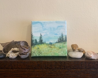 Original watercolor painting on canvas. 4x4” Tiny painting. Landscape. Woods. Hiking. Outdoors. Mountain painting.