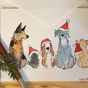 Cartão de saudação de arte em aquarela pintado à mão. Cartão de Natal 5x7 em branco. Cães, cartão de amante de cães.