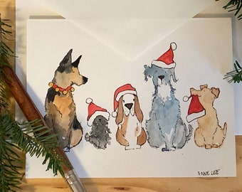 Hand painted watercolor art greeting card. Blank 5x7 Christmas card. Dogs, dog lover card.