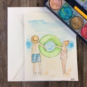 Handgemalte Grußkarte. Leer. Kinder am Strand. Denke an dich. Werde dich vermissen. Liebe. Freundschaft. Reisen.