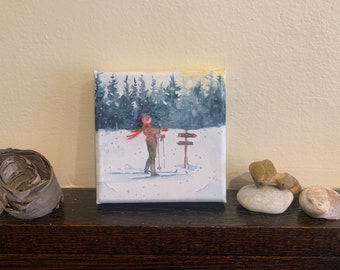 Original watercolor painting on canvas. 4x4” Tiny painting. Landscape. Woods. Skiing. Cross country Nordic. Winter. Original art.