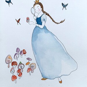 Naturalist Princess, original fairy tale art. Watercolor painting wall art decor nursery or child&#39;s room. Original princess illustration.