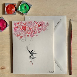 Valentine peint à la main ou carte de voeux. Art original de couleur d’eau. carte blanche 5x7. La Saint-Valentin. Amour. Anniversaire. Anniversaire. L’engagement.