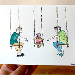 Hand bemalt Aquarell-Karte. Zwei Papa.  Neues Baby, erster Geburtstag, Adoption, Vatertag. Lgbtq Papa und Papa leere Original-Kunst-Karte.