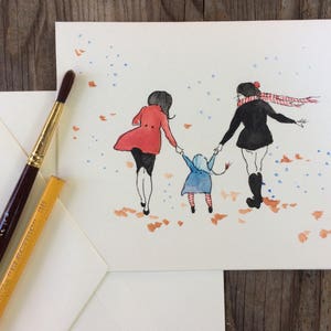 Hand geschilderde wenskaart. 5x7 lege kaart met envelop. Originele aquarel en inkt kunst. Nieuwe baby. Moederdag. Lgbt. 2 Moeders.