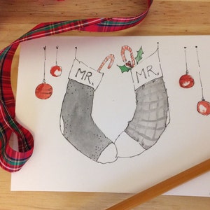 La carte de vœux de Noël peinte à la main par les LGBT. 5x7 blanc. M. et M. Love. Mariage. Vacances de Noël.