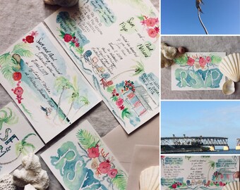 Custom Wedding Stationary Suite, Invitation Kit. Key Largo, Key West, Florida Wedding Customizable. Original Watercolor Art + Digital Files