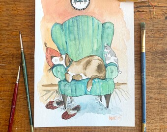 Original akvarellmålning. 15x23 cm liten oramad originalkonst. Mysig hund- och kattmålning. Inflyttningshem. Djurälskare. Nytt husdjur. Akvarellkonst