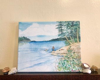 Original watercolor painting on canvas. 8x10” painting. Landscape. Woods. Lake. Shoreline. Swimming. Outdoors. True North Adventure.