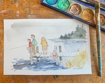 Original watercolor painting. 6x9” original watercolor wall art. Beach. Lake House. Fishing from the Dock illustration.