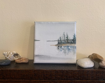 Original watercolor painting on canvas. 4x4” Tiny painting. Landscape. Woods. Lake. Shoreline. Outdoors. Original art.