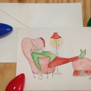 Cartão pintado à mão com envelope. Cartão em branco de 5x7". Arte original em aquarela. Natal. Férias de inverno.