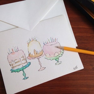 Cartão de felicitações em aquarela original pintado à mão com envelope, 5 x 7 "em branco, aniversário, parabéns, dia das mães
