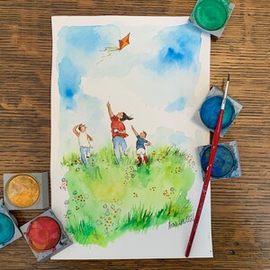 Flying Kites with Mom. Mother’s Day original watercolor art. Original watercolor painting. 6x9” unframed wall art. Nursery decor wall art