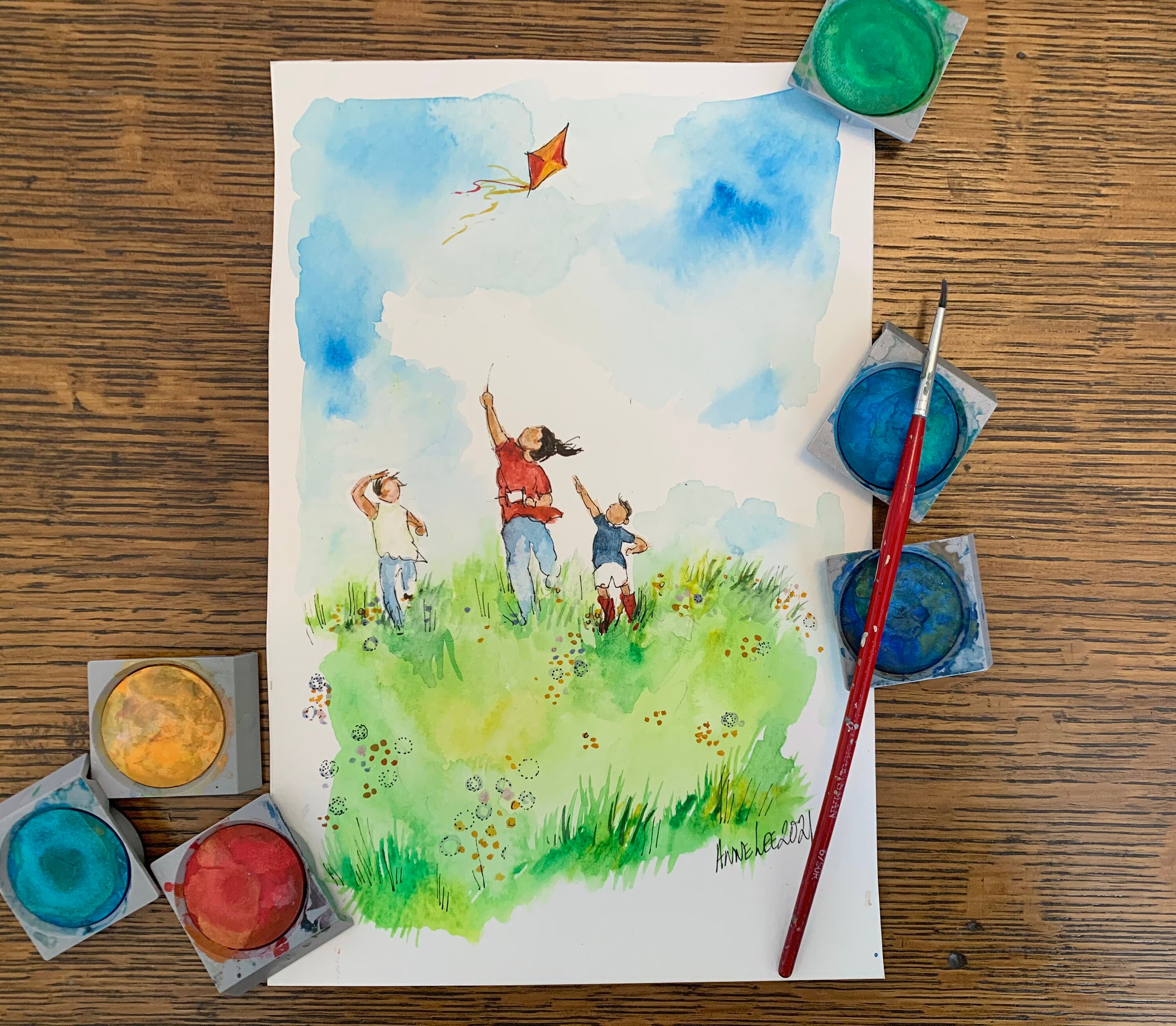 お母さんと一緒に凧揚げ。母の日のオリジナル水彩画。オリジナル