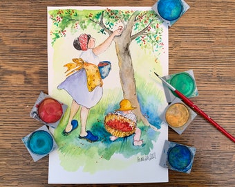 Mother’s Day. Original watercolor painting. 6x9” unframed original art for mom, baby, nursery decor. Garden art. Cherry tree painting