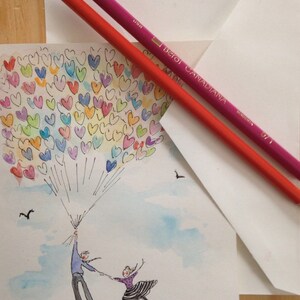 Handgemalte Grußkarte, 13 x 18 cm Blanko-Grußkarte mit Umschlag, Original Aquarellmalerei, Liebe, Valentinstag, Freundschaft, Miss You