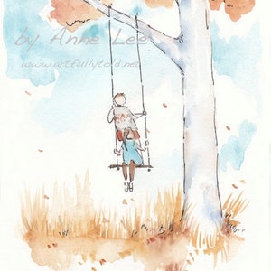 Signed digital print of original watercolor painting, unframed print: Boy and Girl, Tree, Autumn, Nature, Brother, Sister, Family, Love