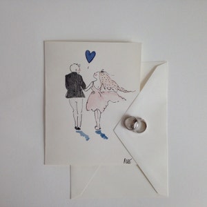 Cartão pintado à mão. Casamento. Noivado. Arte original em aquarela. Cartão em branco 5x7 com envelope. Casamento