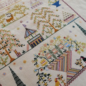 Peut inclure: Une broderie au point de croix détaillée présentant diverses scènes. Le motif comprend des arbres, des bâtiments, un cerf et un grand arrangement floral. La palette de couleurs se compose de pastels doux et de tons terre, créant une esthétique vintage.