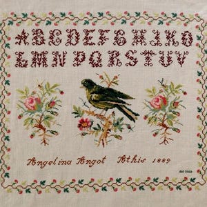Può includere: Sampler a punto croce con un bordo decorativo di viti floreali rosse e verdi. Il disegno comprende un alfabeto, un uccello posato su un ramo e bouquet floreali. Il testo recita "Angelina Angot Athis 1889".
