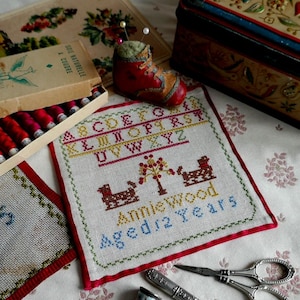 Op de afbeelding: Een verzameling vintage naaibenodigdheden, waaronder een kruissteeksampler met de naam "AnnieWood Aged 12 Years", een rood gevormd schoen-speldenkussen en een doos met kleurrijk garen. Ook inbegrepen zijn een vingerhoed, een schaar en een naaldenkoker.