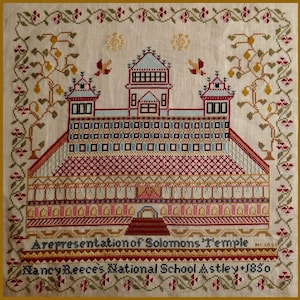 May include: A detailed cross-stitch sampler depicting a building labeled "A Representation of Solomons Temple" with the text "Nancy Reece's National School Astley + 1850". The design features red, blue, and gold accents.