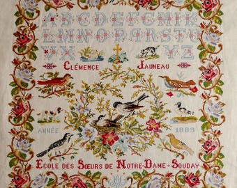 Clémence Jauneau 1889 – Reproductie van een antieke Franse sampler – Borduurpatroon beschikbaar voor digitale download (PDF)