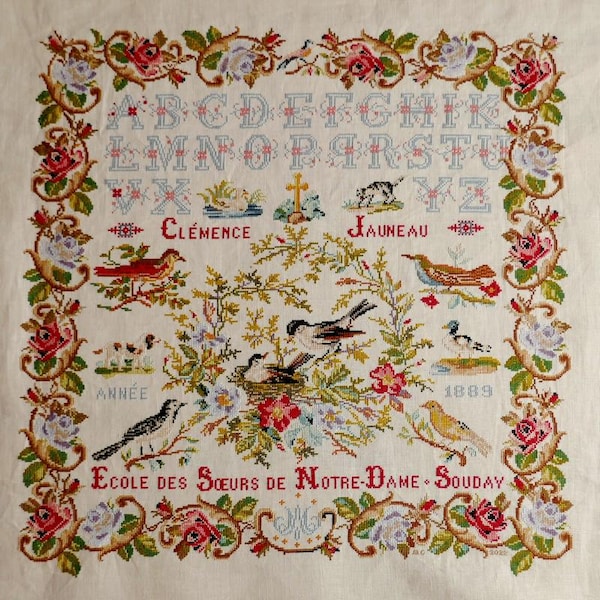 Clémence Jauneau 1889 – Reproduction of an antique French sampler – Embroidery pattern available for digital download (PDF)