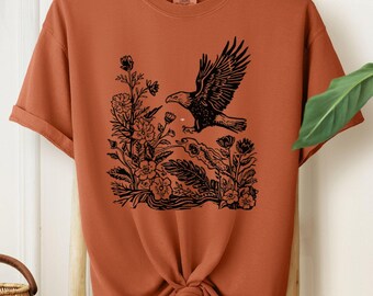 Vintage Linocut Bird T-Shirt: Comfort Colors Floral Tee