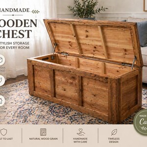 May include: A handmade wooden chest with the lid open, showcasing spacious storage. The chest is made of natural wood grain and features a timeless design. The text on the image reads "HANDMADE WOODEN CHEST STYLISH STORAGE FOR EVERY ROOM".