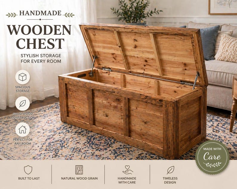 May include: A handmade wooden chest with the lid open, showcasing spacious storage. The chest is made of natural wood grain and features a timeless design. The text on the image reads "HANDMADE WOODEN CHEST STYLISH STORAGE FOR EVERY ROOM".