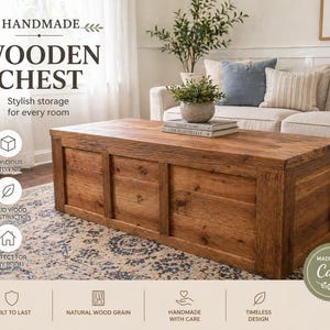 May include: A handmade wooden chest with a natural wood grain finish. The chest is rectangular and features a panel design. Text on the image reads "HANDMADE WOODEN CHEST Stylish storage for every room."