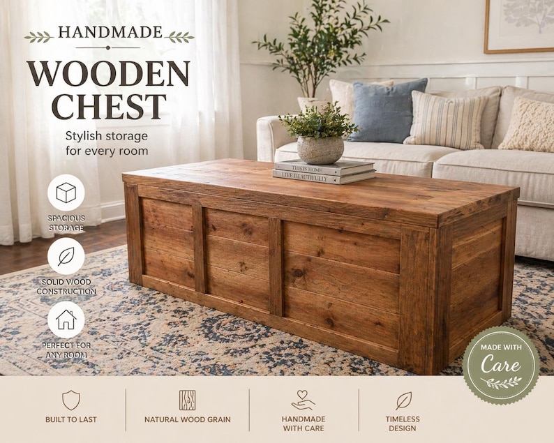 May include: A handmade wooden chest with a natural wood grain finish. The chest is rectangular and features a panel design. Text on the image reads "HANDMADE WOODEN CHEST Stylish storage for every room."