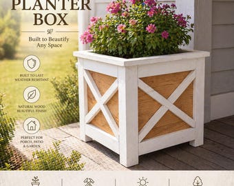 Handmade Two-Tone White and Cedar Planter Box: Rustic Farmhouse X-Design