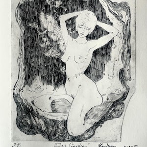 May include: A black and white ink drawing titled Fairy's Garden, 2025, by Karadiana, numbered 3/10. It depicts a figure with short hair and wings, kneeling within a dark, textured, organic frame filled with moths and swirling, etched lines.