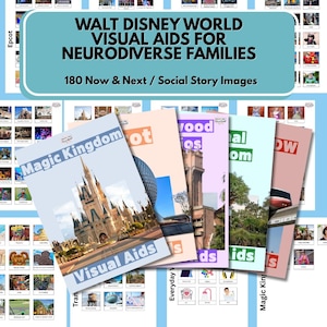 May include: A collection of visual aids for neurodiverse families visiting Walt Disney World. The image features several colorful booklets with titles like "Magic Kingdom" and "Epcot". The text on the top reads "Walt Disney World Visual Aids for Neurodiverse Families".
