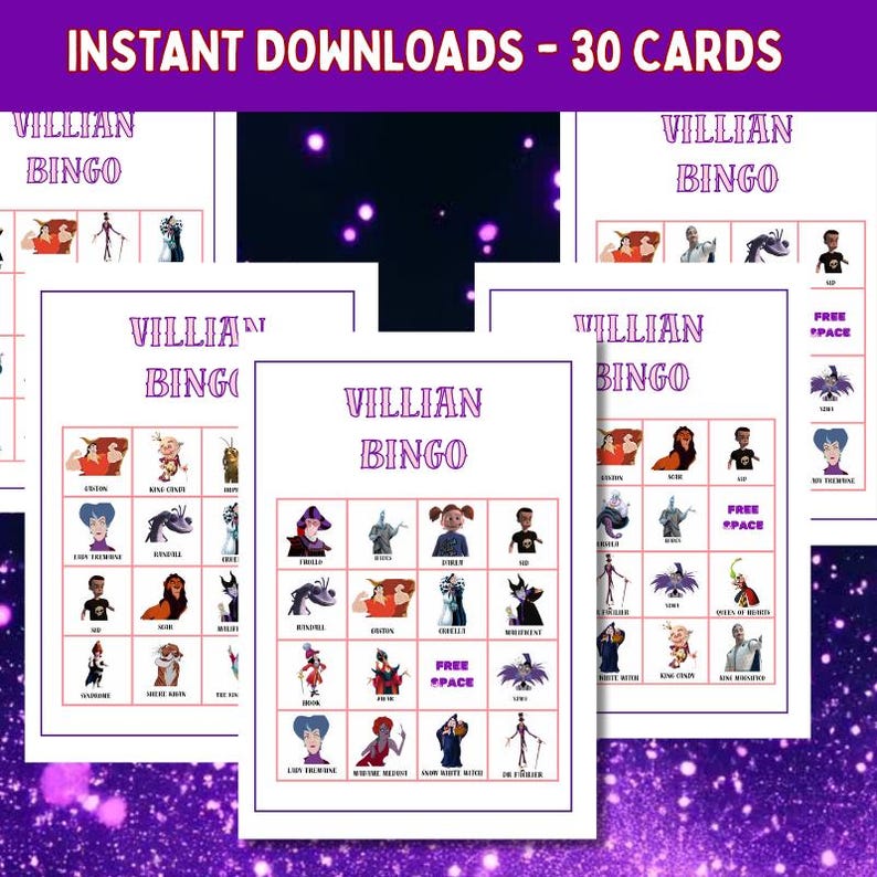 Disney Villain Bingo printable set featuring 25 unique cards, instant digital download for Halloween or Disney party games, shown on purple space background.