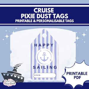 Può includere: Un'etichetta stampabile per la polvere di fata da crociera con strisce blu e bianche, con le parole "Happy Sailing" e un design a forma di ancora. L'etichetta include uno spazio per scrivere "Room:" ed è etichettata "PDF stampabile".