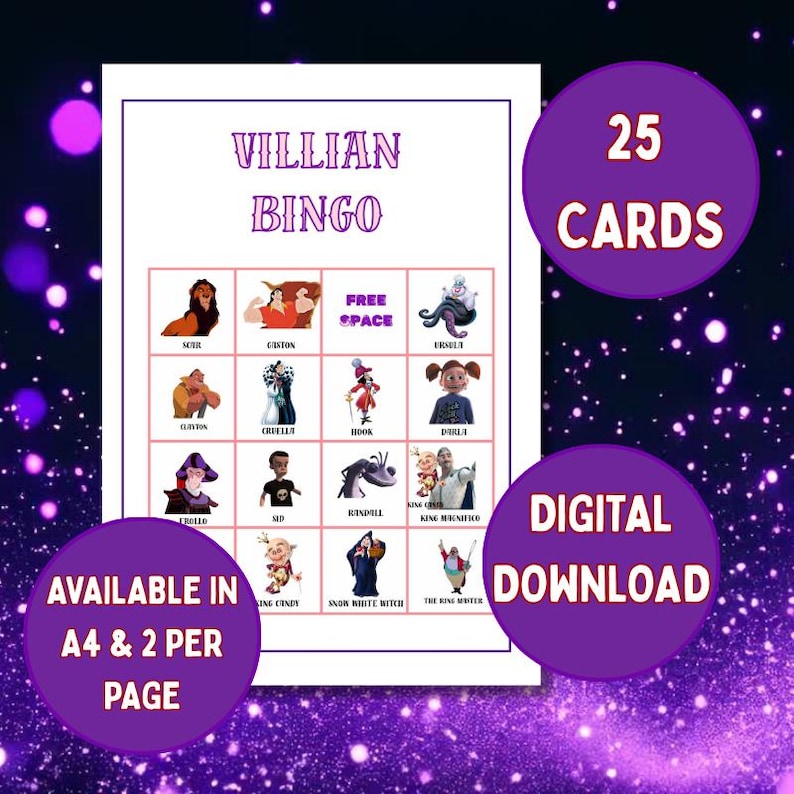 Printable Disney Villain Bingo game set cover showing bingo card with Disney villains on a purple galaxy background, 25 cards, digital download, A4 and 2-per-page options.