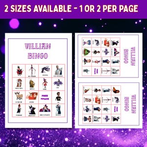 Two printable sizes of Disney Villain Bingo cards – A4 single card or 2 per page – family-friendly Halloween bingo game download for kids and adults.