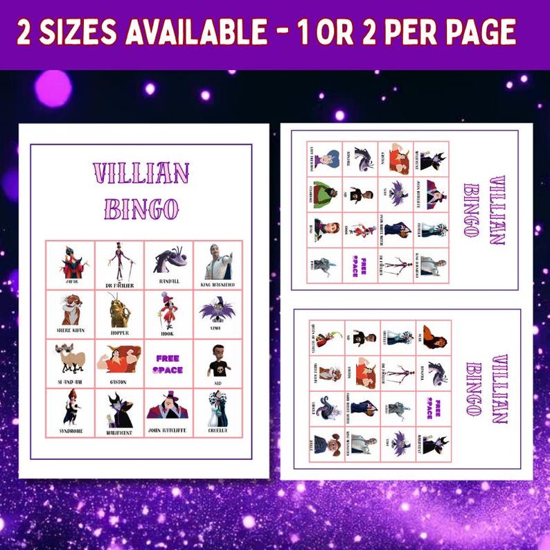 Two printable sizes of Disney Villain Bingo cards – A4 single card or 2 per page – family-friendly Halloween bingo game download for kids and adults.