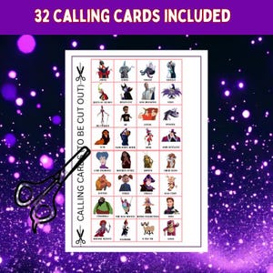 Disney Villain Bingo calling cards sheet with scissors icon, part of printable Halloween party game set for Disney fans, digital download preview.