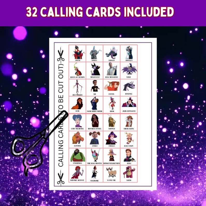 Disney Villain Bingo calling cards sheet with scissors icon, part of printable Halloween party game set for Disney fans, digital download preview.