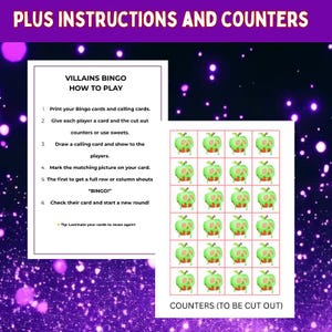 Printable Disney Villain Bingo instructions and green counter tokens, included in Halloween classroom or family party bingo digital download set.