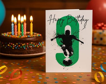 Afdrukbare verjaardagskaart voetbaljongen – meerdere leeftijden 5-15 (directe download) Alle leeftijden inbegrepen