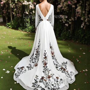 Boho Floral Chiffon Evening Gown – Long Sleeve V-Neck White Dress with Embroidered Train | Custom Formal or Prom Dress