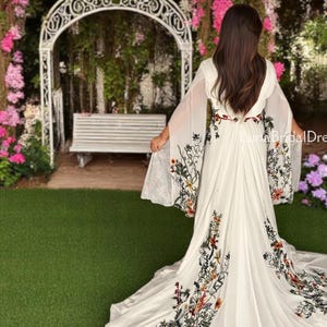 Boho Floral Chiffon Evening Gown – Long Sleeve V-Neck White Dress with Embroidered Train | Custom Formal or Prom Dress